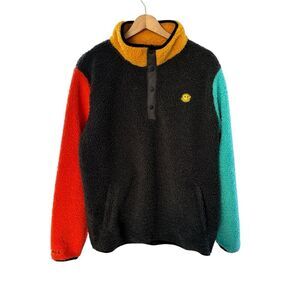 Dutch Bros Color Block Sweatshirt Sweater Snap up Pullover Teddy/Sherpa Sz L